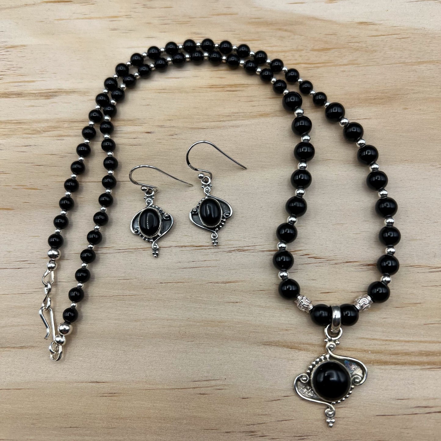 925 Silver Dainty Handcrafted Black Onyx Single Strand Bead Necklace Set