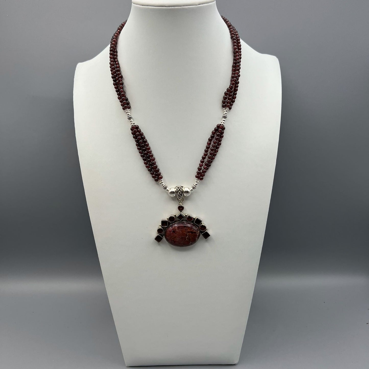 925 Silver Designer Trendy Handcrafted Dark Red Garnet & Jasper Multi Strand Bead Necklace Set