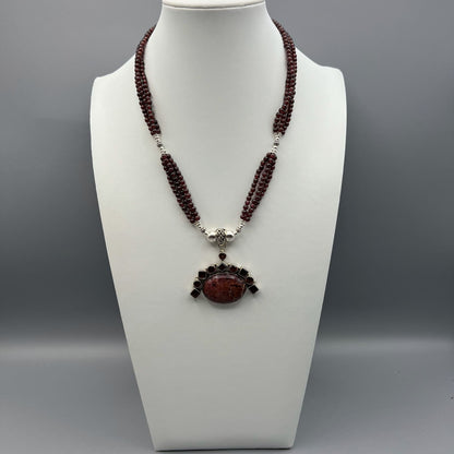 925 Silver Designer Trendy Handcrafted Dark Red Garnet & Jasper Multi Strand Bead Necklace Set