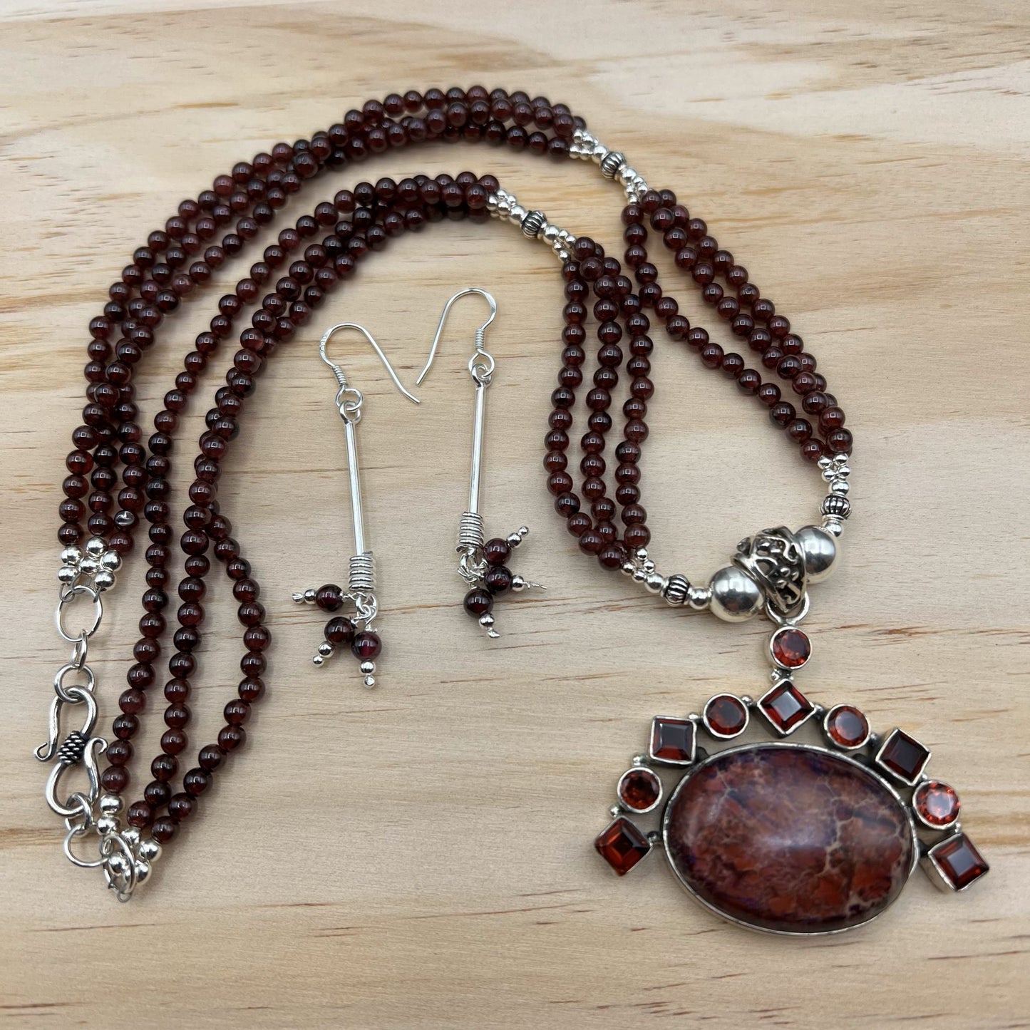 925 Silver Designer Trendy Handcrafted Dark Red Garnet & Jasper Multi Strand Bead Necklace Set