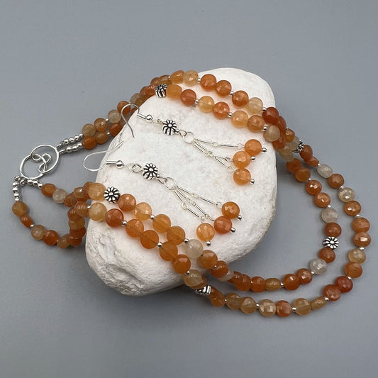 925 SS Dual Strand Classic Orange Color Agate Bead Necklace Set