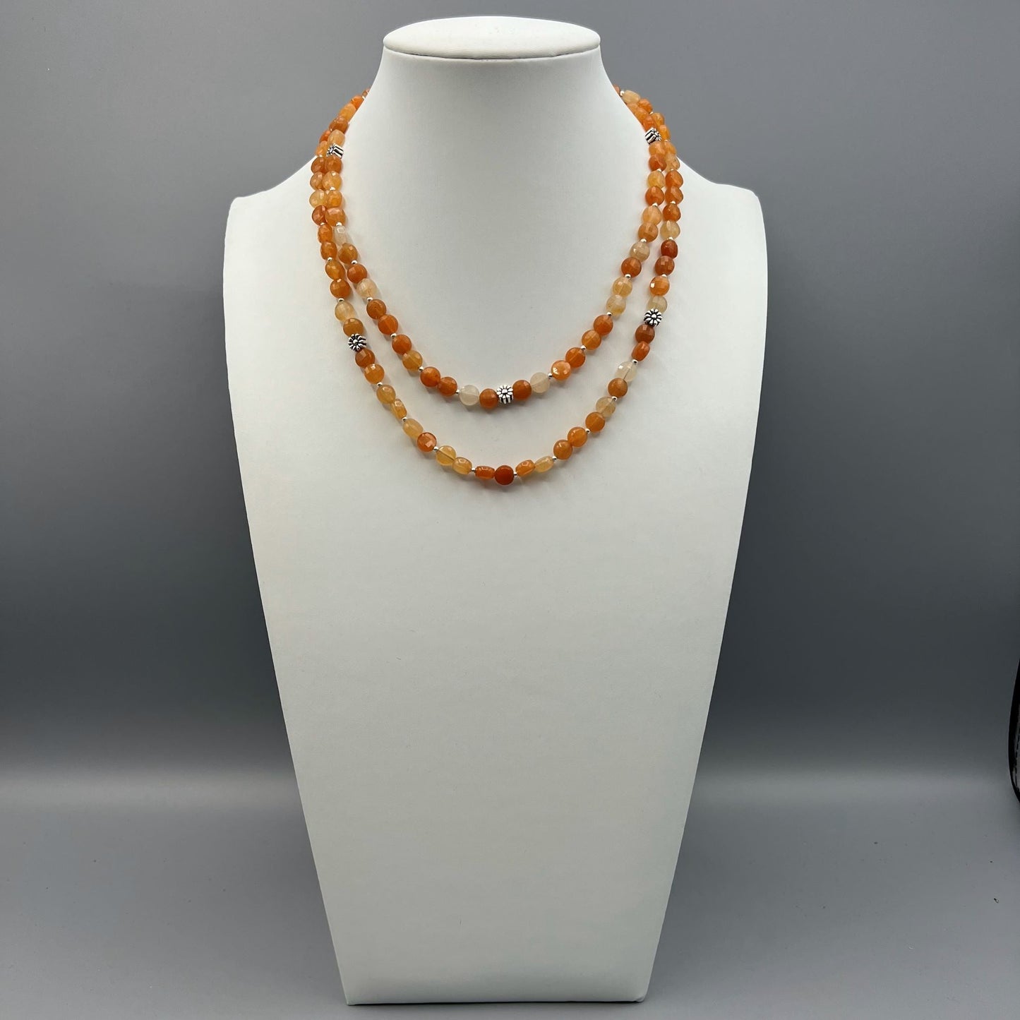 925 Silver Classic Handcrafted Orange Agate Dual Strand Bead Necklace Set