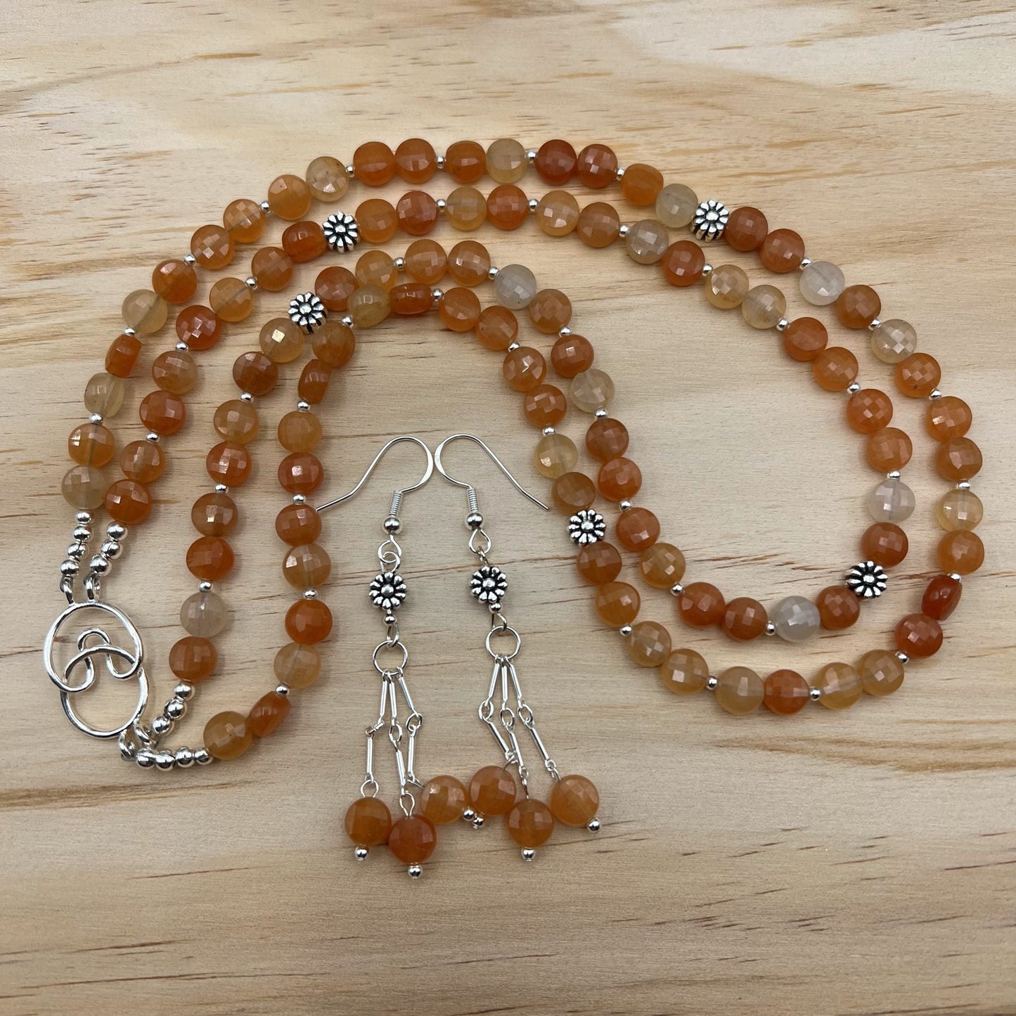 925 Silver Classic Handcrafted Orange Agate Dual Strand Bead Necklace Set