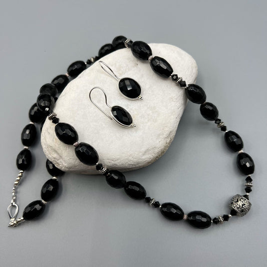 925 SS Trendy Black Color Onyx Bead Necklace Set