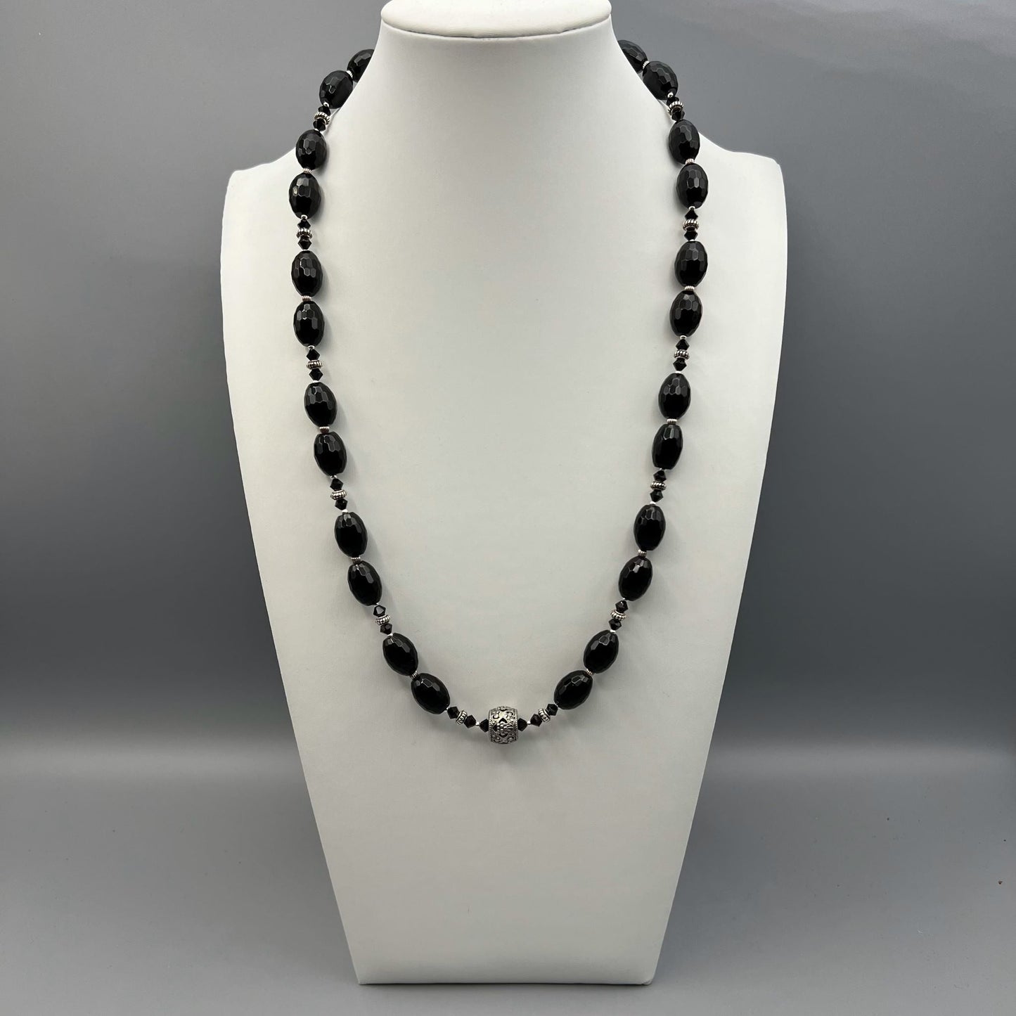 925 Silver Antique Look Classic Handcrafted Black Onyx Single Strand Long Bead Necklace Set