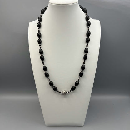 925 Silver Antique Look Classic Handcrafted Black Onyx Single Strand Long Bead Necklace Set