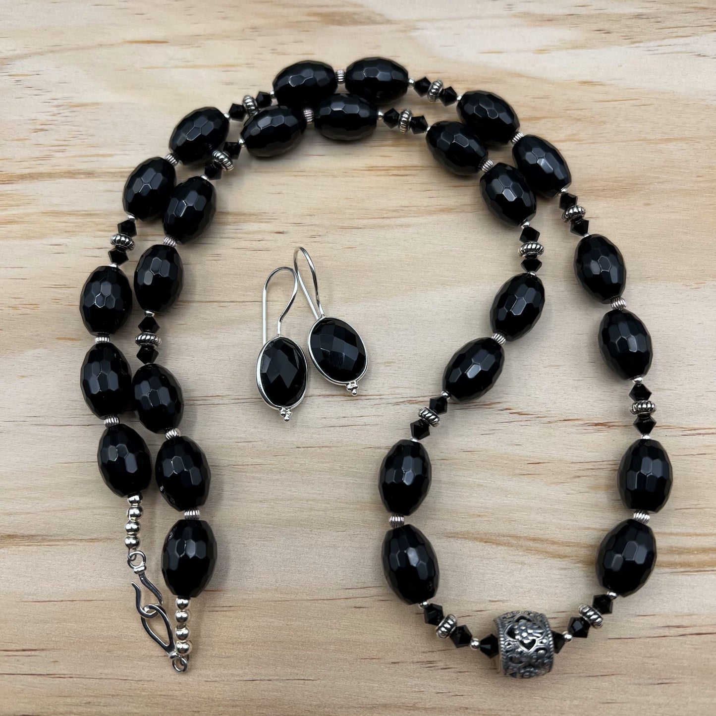 925 Silver Antique Look Classic Handcrafted Black Onyx Single Strand Long Bead Necklace Set