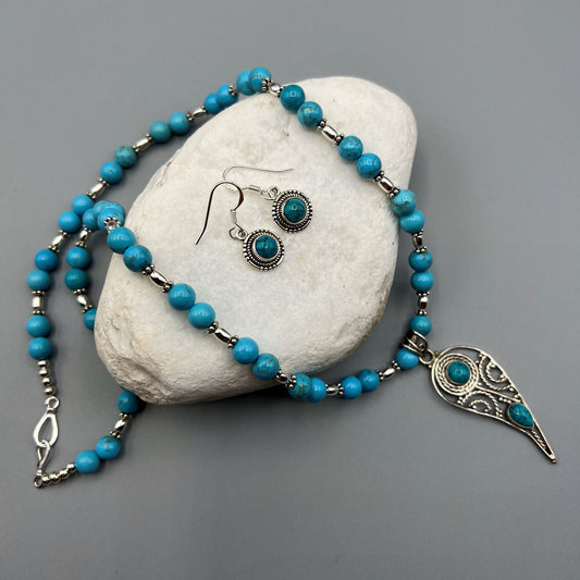 925 SS Trendy Blue Color Turquoise Bead Necklace Set