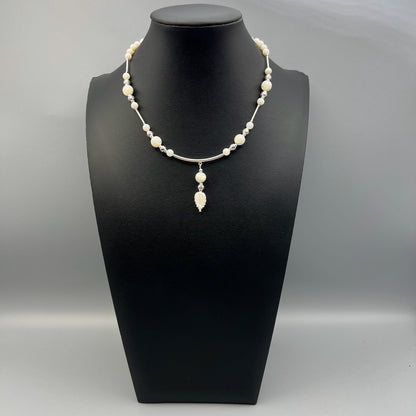 925 Silver Designer Trendy Handcrafted White Mother of Pearl Single Strand Bead Necklace Set