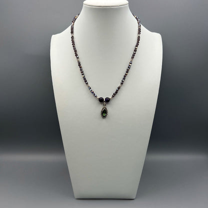 925 Silver Dainty Handcrafted Purple Mystic Topaz & Purple Crystals Single Strand Bead Necklace Set