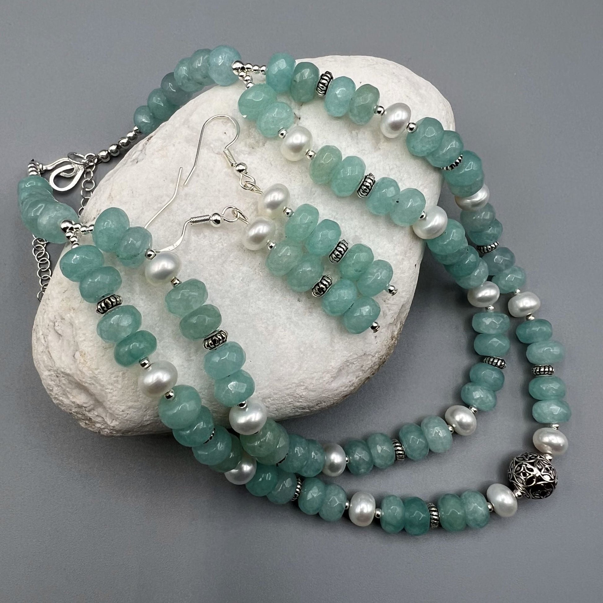 925 SS Designer Classic Mint Green Color Mint Jade, Pearl Bead Necklace Set