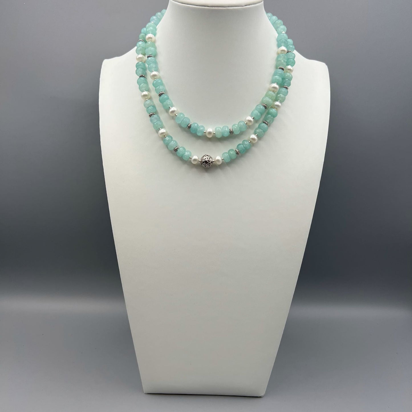 925 Silver Designer Classic Handcrafted Mint Green Jade & Pearl Dual Strand Bead Choker Necklace Set