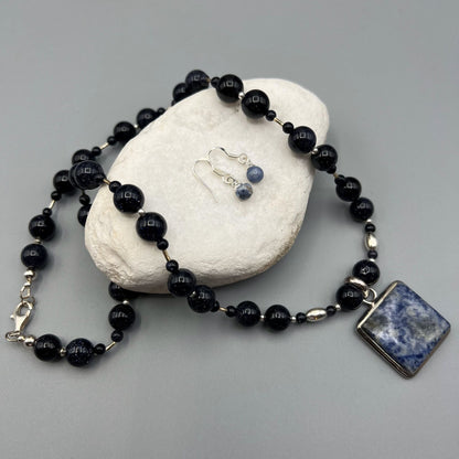 925 SS Trendy Blue Color Sand Stone, Sodalite Bead Necklace Set