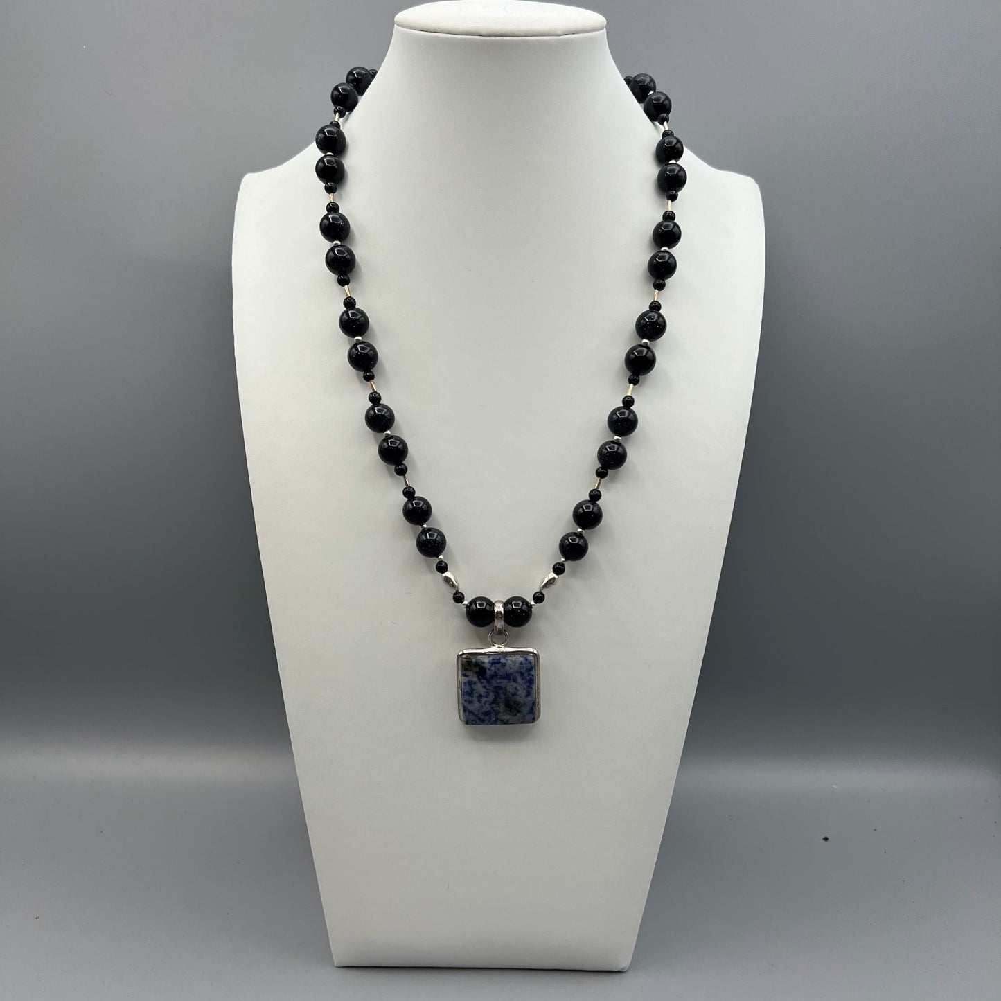 925 Silver Trendy Handcrafted Single Strand Blue Sand Stone, Sodalite Single Strand Bead Long Necklace Set