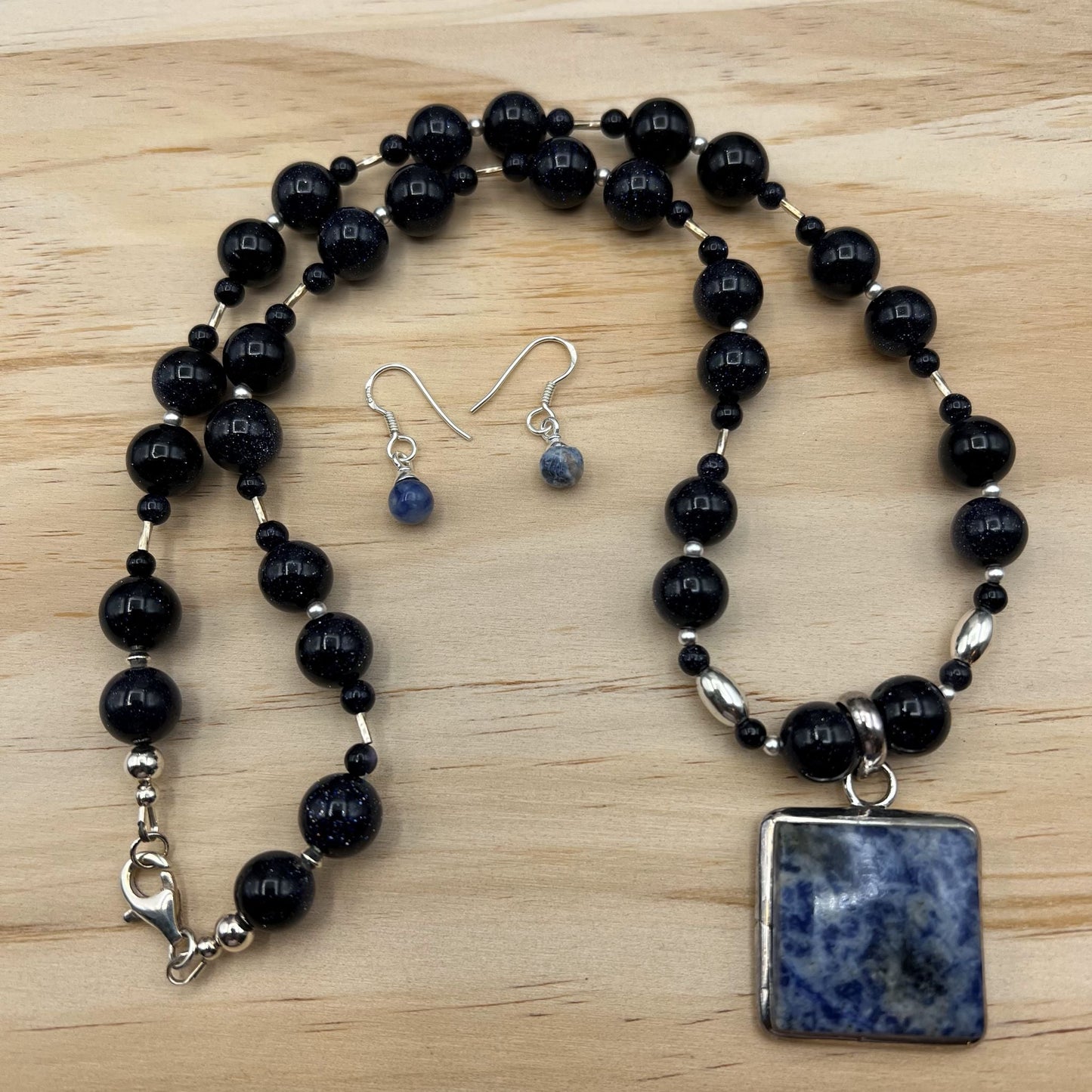 925 Silver Trendy Handcrafted Single Strand Blue Sand Stone, Sodalite Single Strand Bead Long Necklace Set