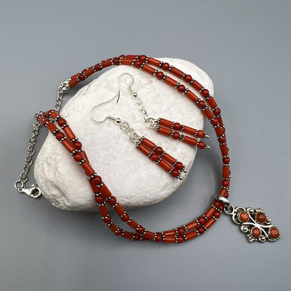 925 SS Classic Red Color Coral Bead Necklace Set