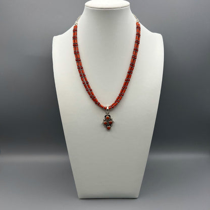 925 Silver Classic Handcrafted Dual Shape Red Coral Dual Strand Bead Necklace Set