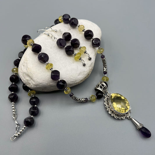 925 SS Designer Festive Purple Color Amethyst, Yellow Topaz Bead Necklace Set