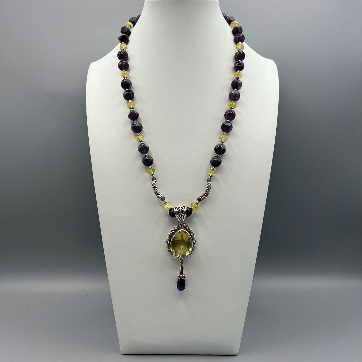 925 Silver Designer Festive Handcrafted Purple Amethyst & Yellow Topaz Single Strand Long Bead Necklace Set