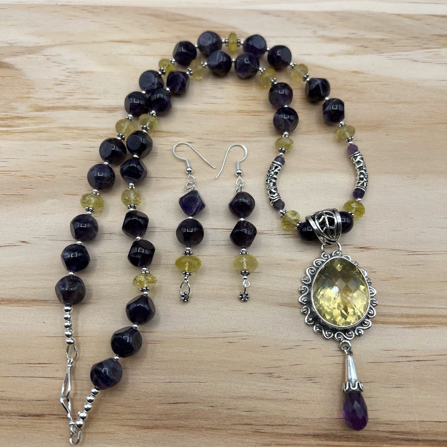 925 Silver Designer Festive Handcrafted Purple Amethyst & Yellow Topaz Single Strand Long Bead Necklace Set