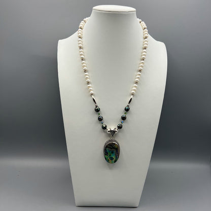 925 Silver Designer Classic Handcrafted White Pearl & Abalone Shell Single Strand Bead Necklace Set