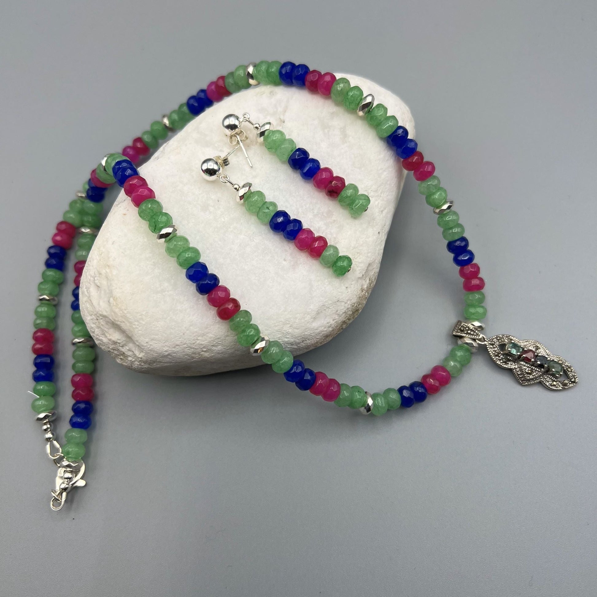 925 SS Classic Multi Color Agate, Multi Stone, Pyrite Bead Necklace Set