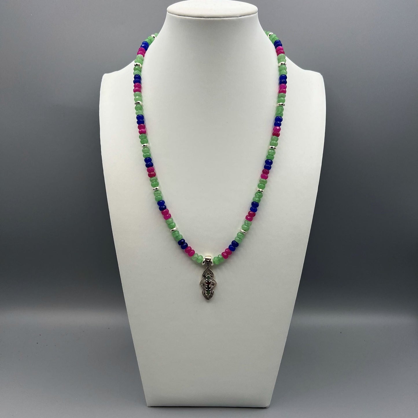 925 Silver Classic Handcrafted Multi Color Agate & Multi Stone, Pyrite Single Strand Long Bead Necklace Set