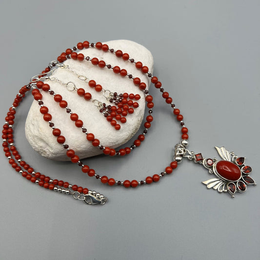 925 SS Designer Festive Red Color Coral, Red Garnet Bead Necklace Set