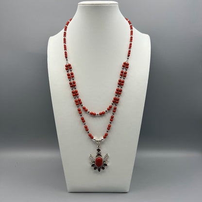 925 Silver Designer Festive Handcrafted Red Coral & Red Garnet Dual Strand Long Bead Necklace Set