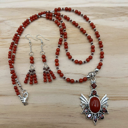 925 Silver Designer Festive Handcrafted Red Coral & Red Garnet Dual Strand Long Bead Necklace Set