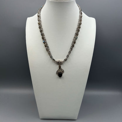 925 Silver Classic Handcrafted Grey Labradorite & Crystals Dual Strand Bead Necklace Set