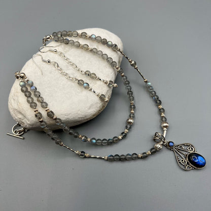 925 SS Classic Grey Color Labradorite Bead Necklace Set