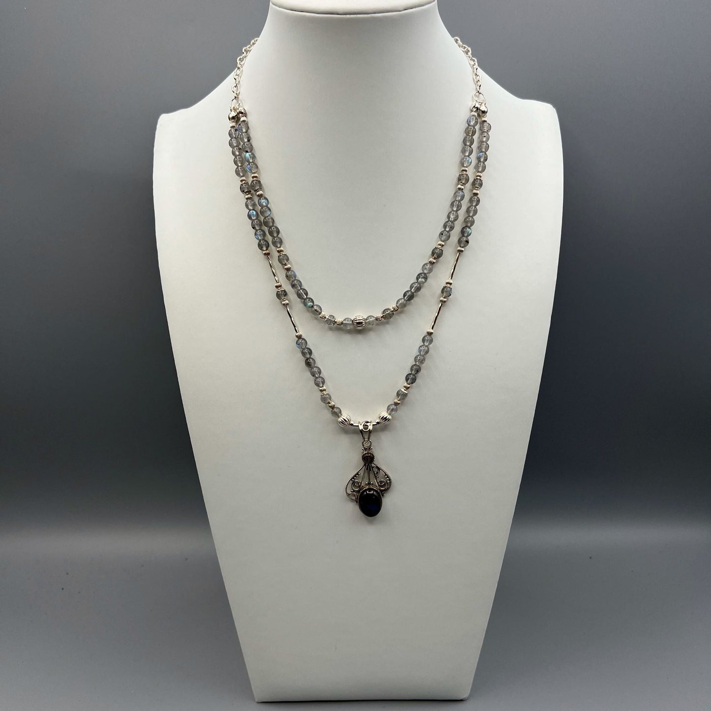 925 Silver Classic Handcrafted Grey Labradorite Dual Strand Bead Necklace Set