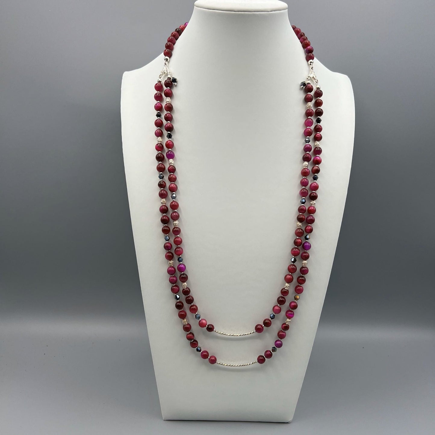 925 Silver Antique Look Classic Handcrafted Rose Red Tiger Eye & Black Crystals Dual Strand Long Bead Necklace Set