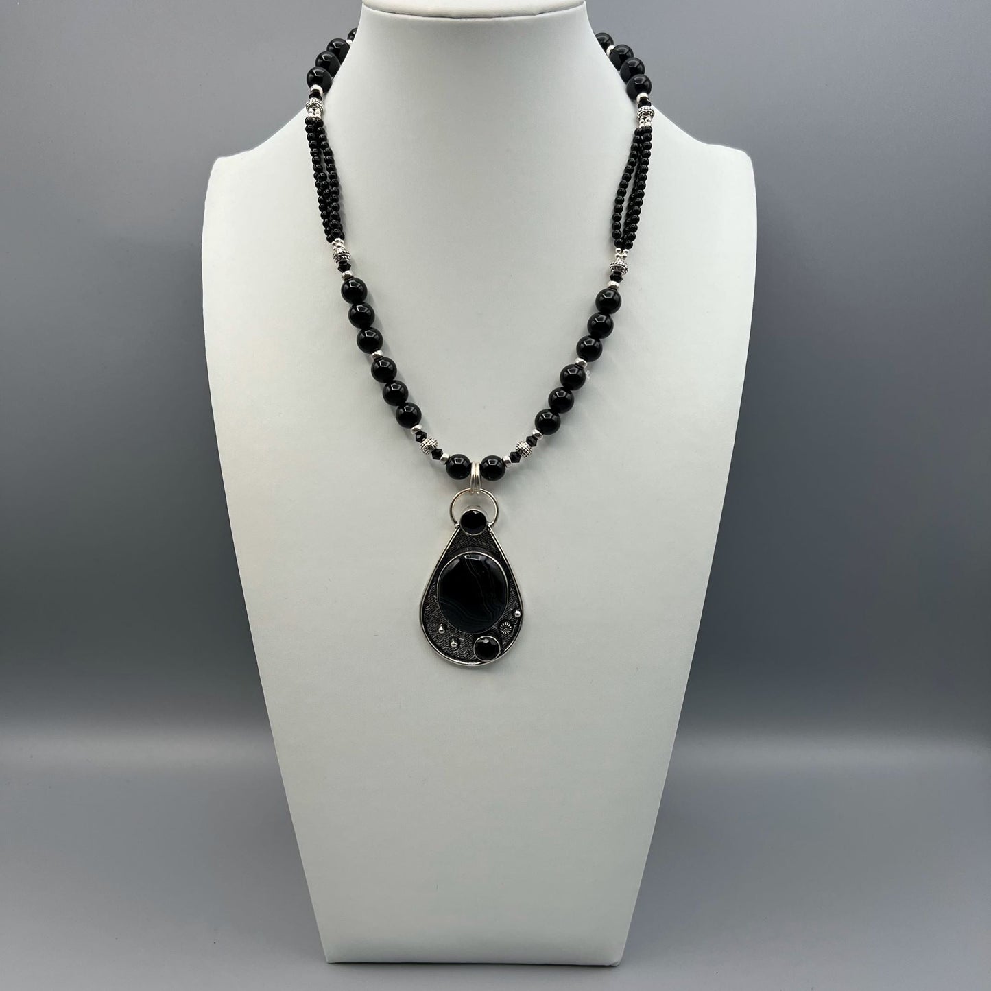 925 Oxidized Silver Antique Look Classic Black Onyx & Black Banded Agate Single Strand Bead Necklace Set