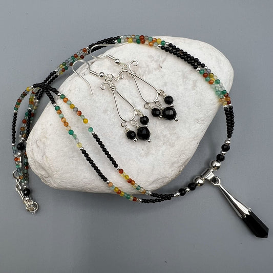 925 SS Designer Dainty Multi Color Agate, Black Onyx Bead Necklace Set