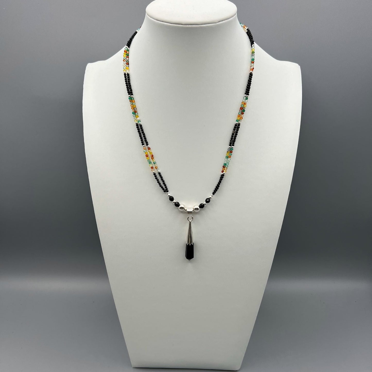 925 Silver Designer Dainty Handcrafted Multi Color Agate & Black Onyx Dual Strand Bead Necklace Set