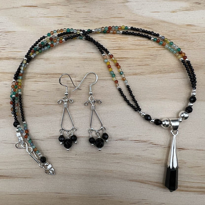 925 Silver Designer Dainty Handcrafted Multi Color Agate & Black Onyx Dual Strand Bead Necklace Set