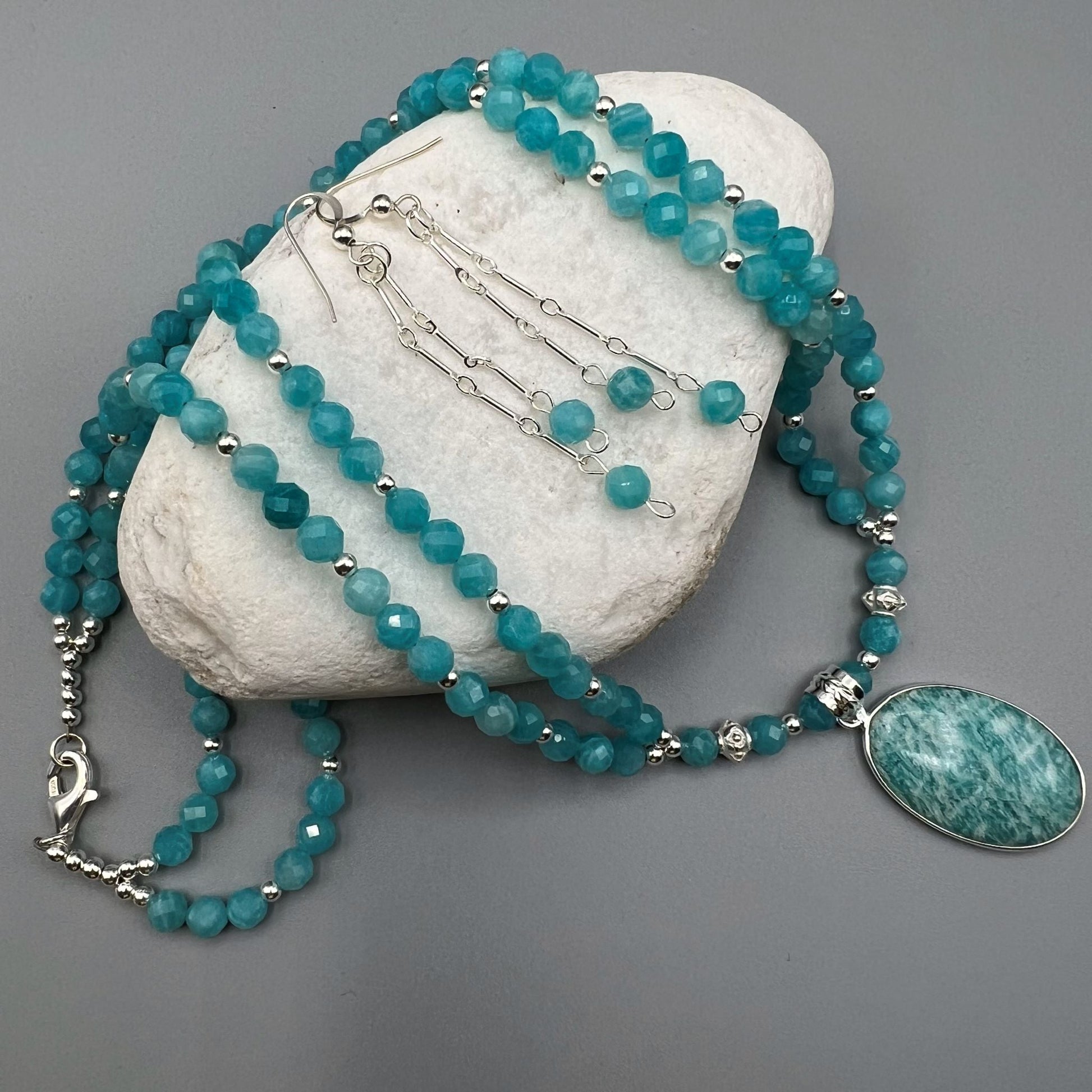 925 SS Classic Blue Color Amazonite Bead Necklace Set