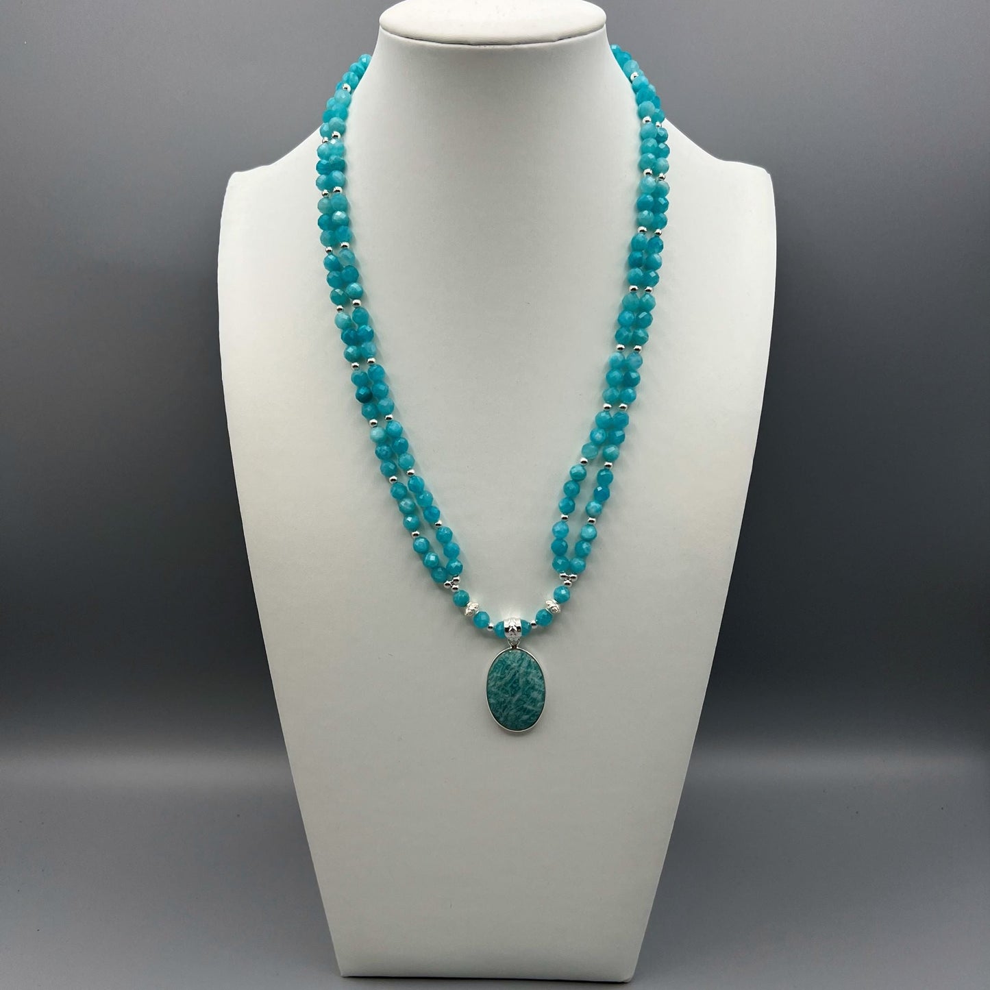 925 Silver Classic Handcrafted Bright Blue Amazonite Dual Strand Long Bead Necklace Set