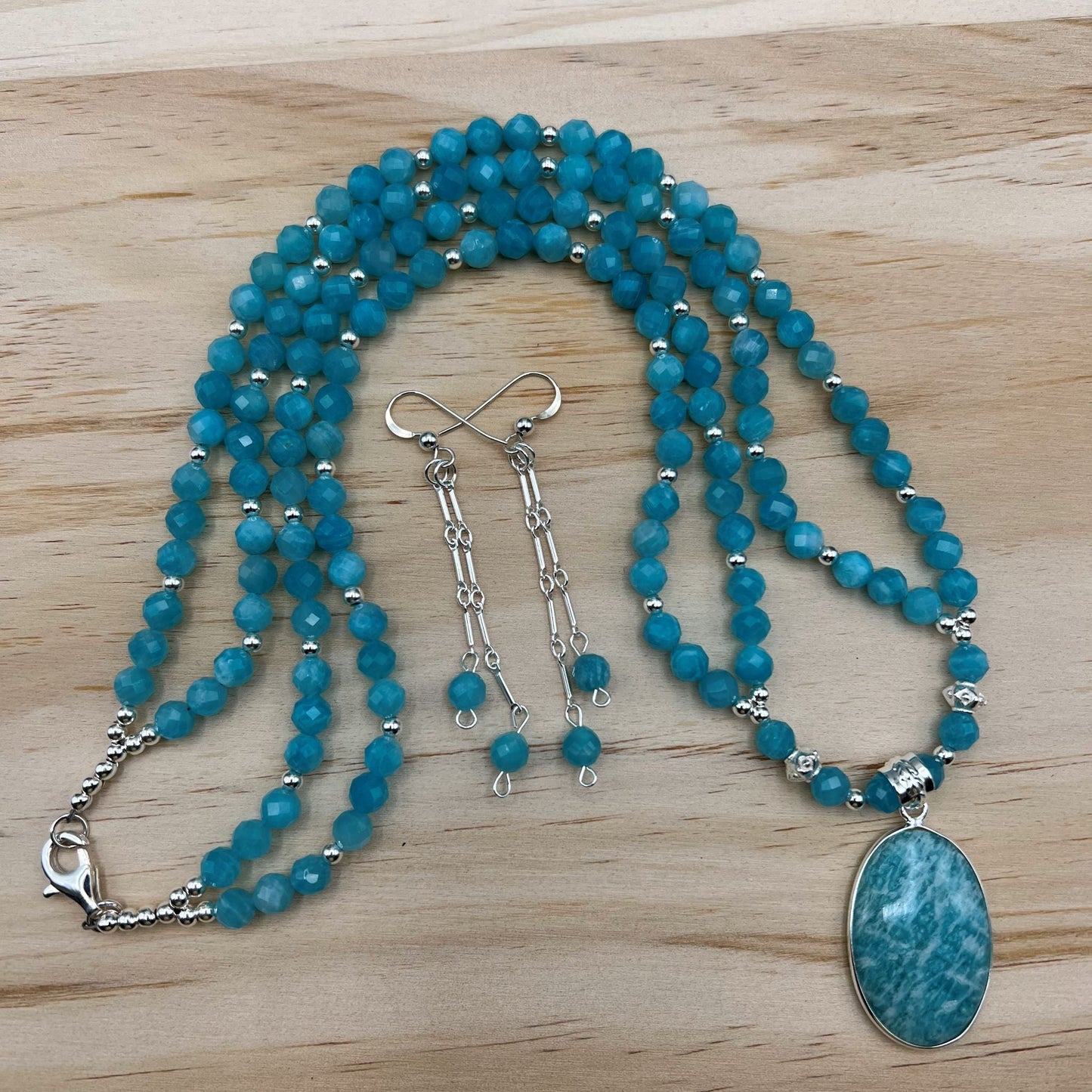 925 Silver Classic Handcrafted Bright Blue Amazonite Dual Strand Long Bead Necklace Set