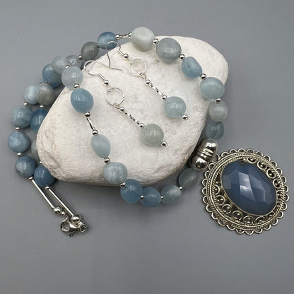 925 SS Trendy Blue Color Aquamarine, Blue Stone Bead Necklace Set