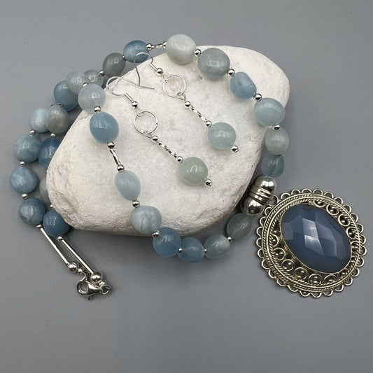 925 SS Trendy Blue Color Aquamarine, Blue Stone Bead Necklace Set