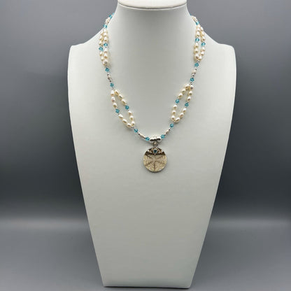 925 Silver Classic Handcrafted White Pearl & Blue Crystal Shell Dual Strand Bead Necklace Set