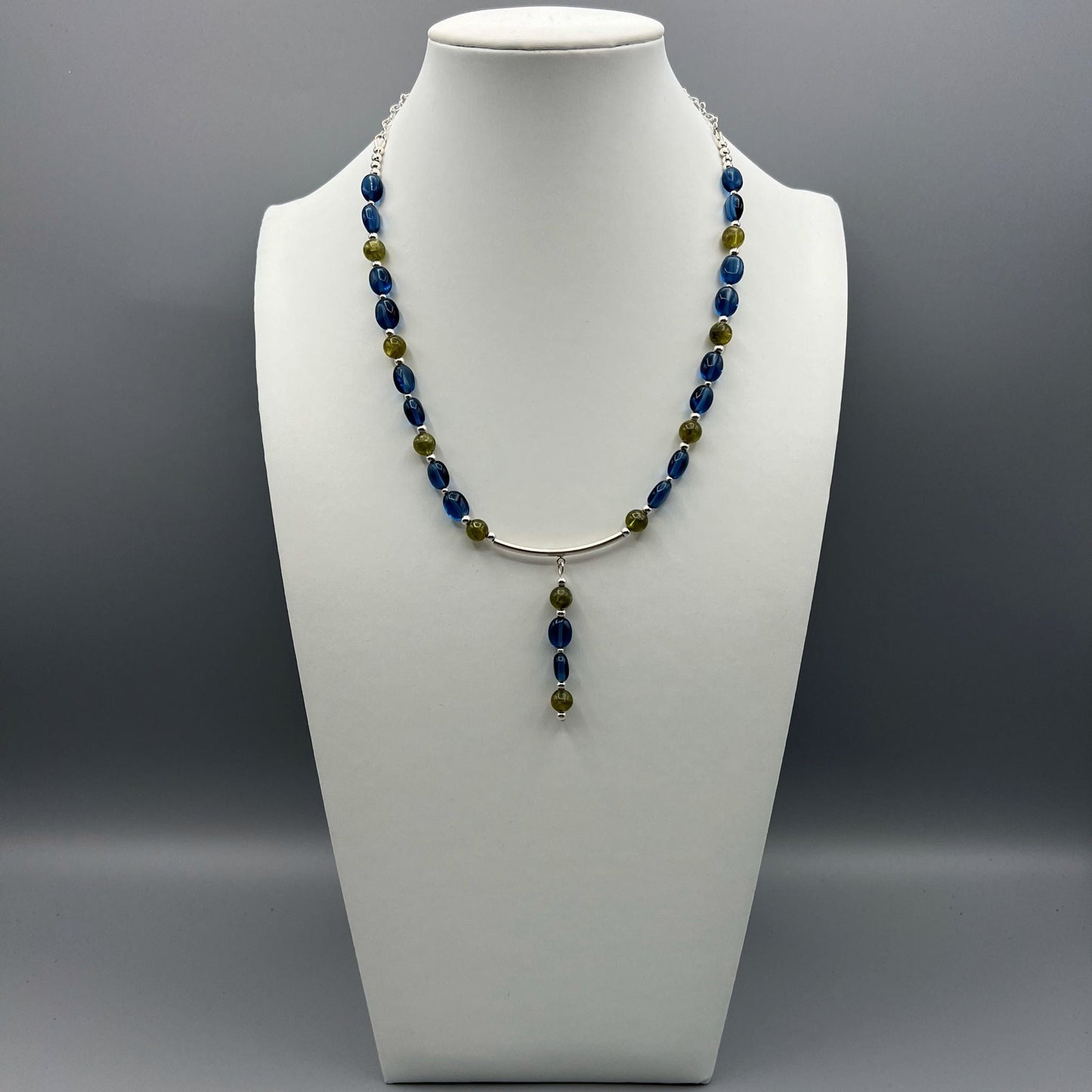 925 Silver Dainty Handcrafted Green Peridot & Blue Crystal Single Strand Bead Necklace Set