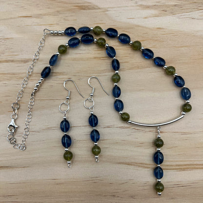 925 Silver Dainty Handcrafted Green Peridot & Blue Crystal Single Strand Bead Necklace Set