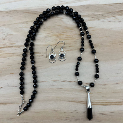 925 Silver Dainty Handcrafted Multi Shape Black Onyx Single Strand Long Bead Necklace Set