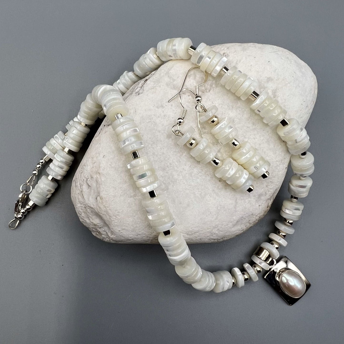 925 Silver Designer Handcrafted Trendy White Mother of Pearl Single Strand Bead Necklace Set