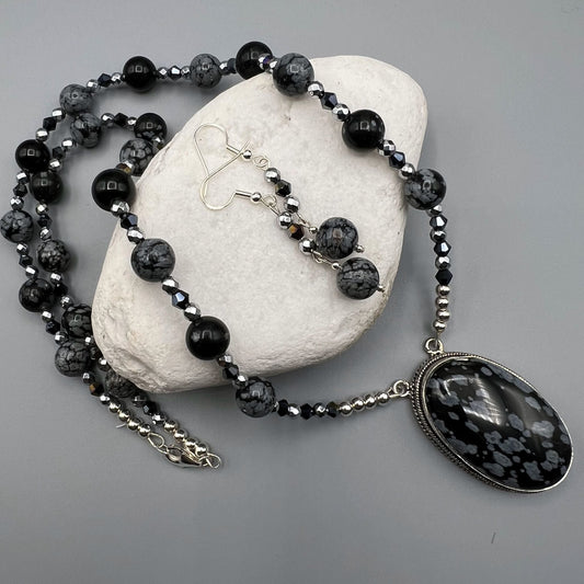 925 SS Trendy Black Color Snowflake Obsidian, Silver Haematite Bead Necklace Set