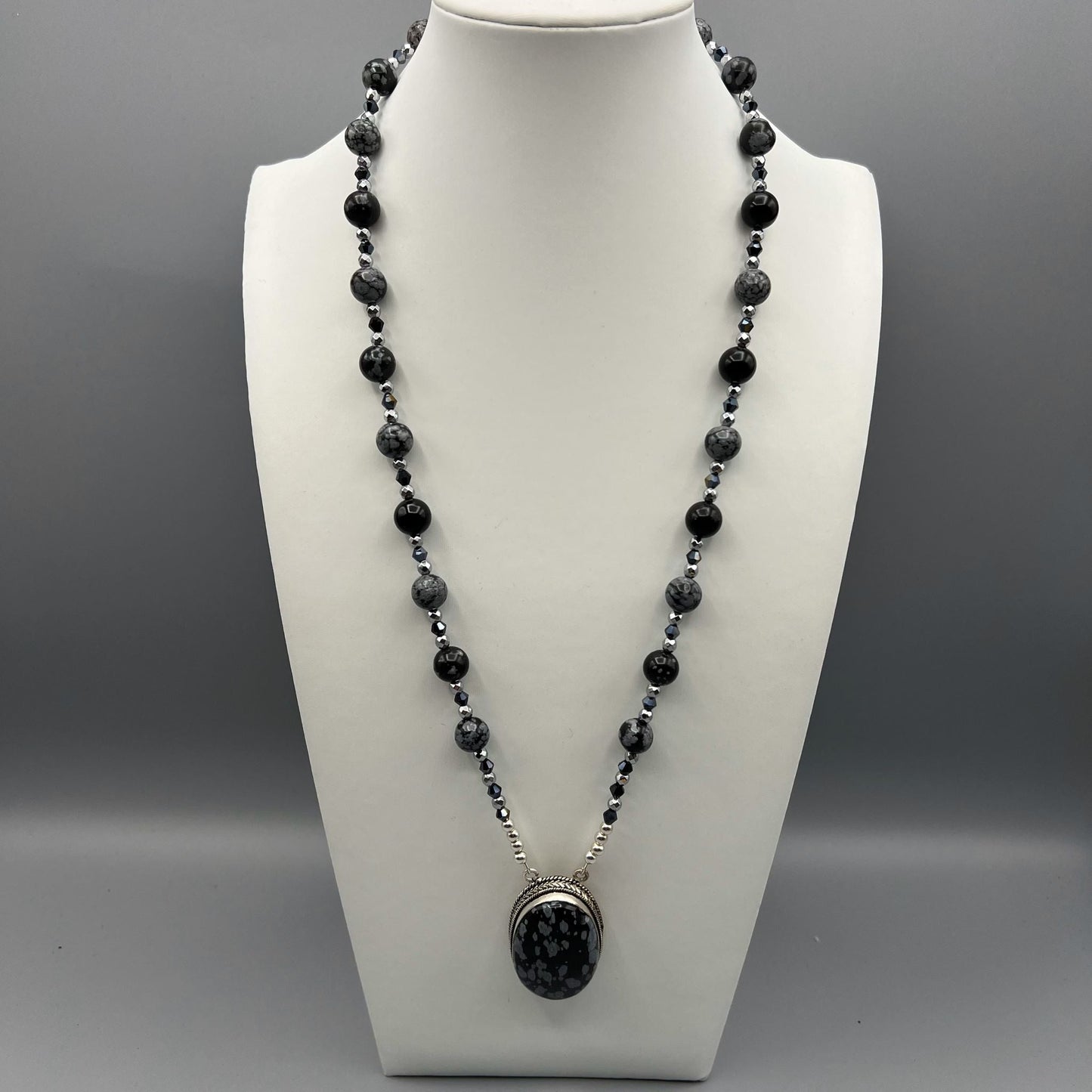 925 Silver Trendy Handcrafted Black Snowflake Obsidian & Silver Haematite Single Strand Long Bead Necklace Set